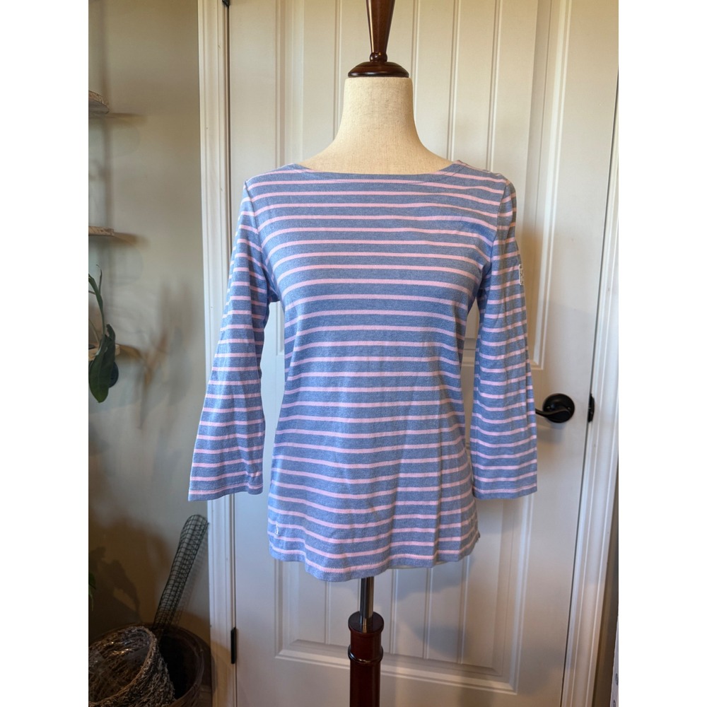 Joules Harbour Top Blue Pink Striped Boat Neck 3/4 Sleeve Cotton Shirt US 4